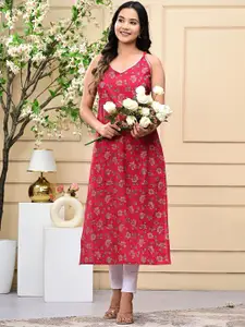 PARTHVI Floral Printed V-Neck Sleeveless Cotton Straight Kurta