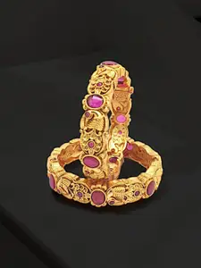 FEMMIBELLA Set Of 2 Gold Plated Stone Studded Thick Openable Kada Bangles