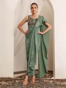Miss Chase Luxe Womens Siege Green Sleeveless Embroidered Pleated Satin Maxi Dress
