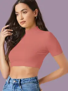 Dream Beauty Fashion top-97-bullet-peach Women High Neck Fitted Crop Top