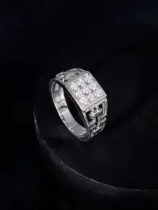 GIVA 925 Silver Rhodium Plated Cubic Zirconia Studded Matrix Cross Finger Ring For Him
