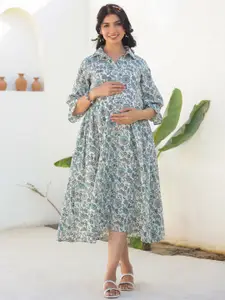 Janasya Floral Printed Pure Cotton A-line Maternity Ethnic Dress