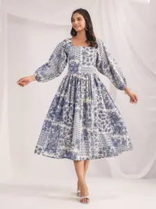 Janasya Women's Off White Pure Cotton Floral Printed Gathered Ethnic Dresses