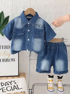 INCLUD Boys Typographic Printed Denim Shirt With T-shirt And Shorts