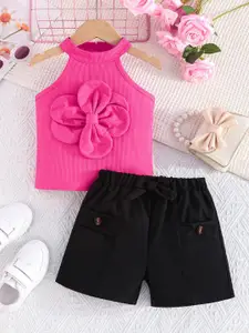 INCLUD Girls Self Design Sleeveless Halter Neck Top With Shorts