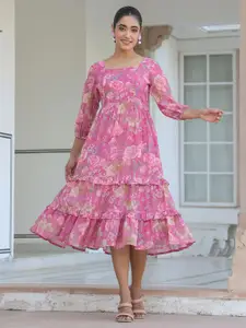 Janasya Floral Printed Tiered Ethnic Dress