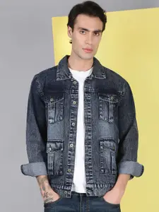 VOXATI Washed Printed Spread Collar Denim Jacket