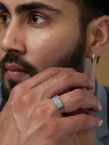 LeCalla Men 925 Sterling Rhodium Plated CZ Studded Wedding Ring