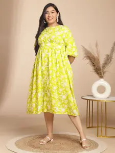 Janasya Plus Size Floral Printed Pure Cotton Gathered Ethnic Dress