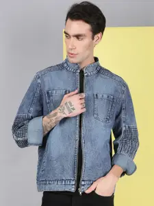 VOXATI Washed Printed Mandarin Collar Denim Jacket