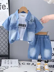 INCLUD Boys Typographic Printed Denim Shirt With T-shirt And Shorts