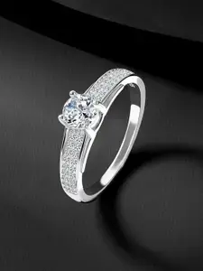 Peora Sterling Silver Rhodium-Plated Cubic Zirconia Studded Finger Ring