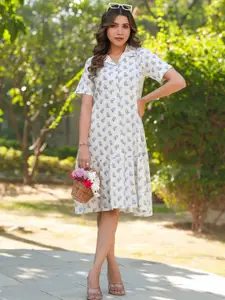 Janasya Women's Off White Linen Cotton Floral Printed A-line Shirt Dress