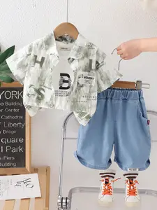 INCLUD Boys Printed Short Sleeves Shirt With T-Shirt And Denim Shorts