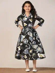 FASHION DREAM Girls Black Delta Abstract Printed Casual Calf Length Dress