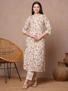 FASHOR Floral Printed Notch Neck Pure Cotton Straight Kurta