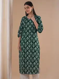 FASHOR Floral Printed Notch Neck Pure Cotton Straight Kurta