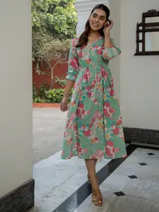 Janasya Floral Printed Pure Cotton Fit & Flare Ethnic Dress