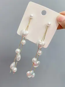 KRENOZ Gold-Plated Pearls Heart Shaped Drop Earrings