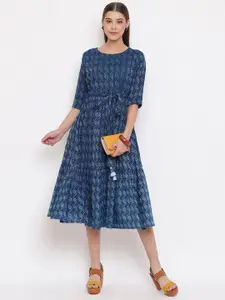 Janasya Woven Design Pure Cotton Flared Ethnic Dress