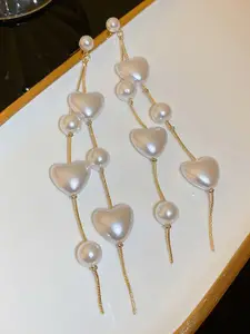 KRENOZ Gold-Plated Pearls Heart Shaped Drop Earrings