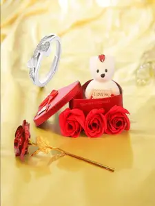 DIVASTRI Silver Plated Stone Studded Finger Ring With Rose & Teddy