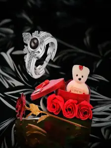 DIVASTRI Silver Plated Stone Studded Finger Ring With Rose & Teddy