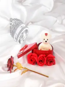 DIVASTRI Set Of 2 Silver-Plated Stones-Studded Couple Finger Rings