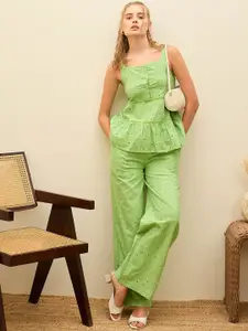 SASSAFRAS Schiffli Embroidered Square Neck Pure Cotton Top With Palazzo