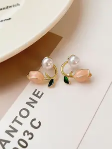 KRENOZ Gold-Plated Pearls Studded Floral Shaped Studs