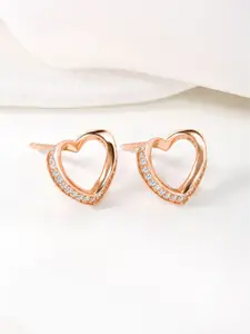Peora 925 Sterling Silver Rose Gold-Plated Cubic Zirconia Studded Heart Shaped Studs