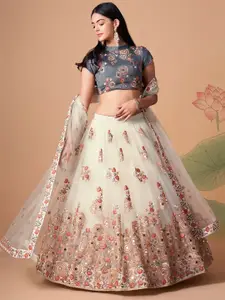 DIVASTRI Embroidered Mirror Work Semi-Stitched Lehenga & Unstitched Blouse With Dupatta