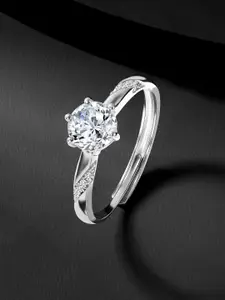 Peora 925 Sterling Silver Rhodium-Plated Cubic Zirconia Studded Finger Ring