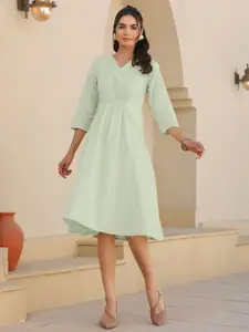 Janasya Women's Mint Green Linen Cotton Solid A-line Dress