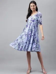 Janasya Floral Printed Tiered Ethnic Dress