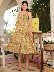 Janasya Floral Printed Pure Cotton Tiered Ethnic Dress
