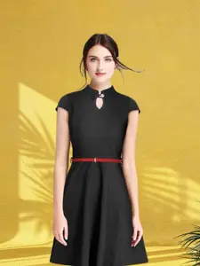 DressBerry Women Black Keyhole Neck Fit & Flare Dress