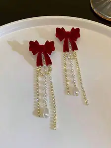 KRENOZ Gold-Plated Pearls Beaded & Rhinestones Studded Bow Shaped Drop Earrings