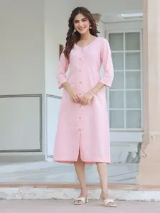 Janasya Women's Pink Linen Cotton Solid A-line Dress