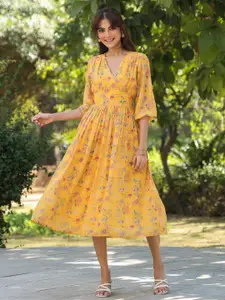 Janasya Floral Printed Gathered Ethnic Dress