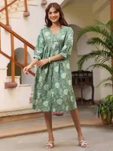 Janasya Floral Printed Pure Cotton A-Line Ethnic Dress