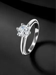 Peora 925 Sterling Silver Rhodium-Plated Cubic Zirconia Studded Finger Ring