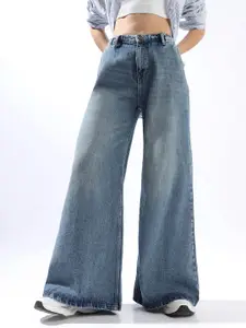 High Star Women Comfort Wide Leg High-Rise Distress Light Fade Jeans