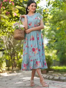 Janasya Floral Printed Tiered Ethnic Dress