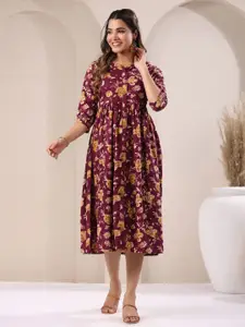 Janasya Floral Printed Pure Cotton Gathered Ethnic Dress