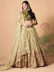 DIVASTRI Embroidered Mirror Work Semi-Stitched Lehenga & Unstitched Blouse With Dupatta