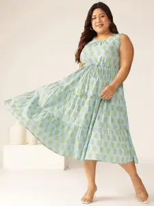 Janasya Women Plus Size Ethnic Motifs Printed Tiered Ethnic Dress