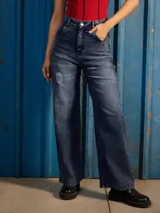 CORSICA Women Wide Leg Mid-Rise Low Distress Light Fade Stretchable Jeans