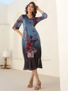 Janasya Floral Print Puff Sleeve Ruffled Georgette A-Line Midi Dress