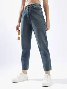 High Star Women Mom Fit  High-Rise Light Fade Cotton Elasticated waist Crop Jeans